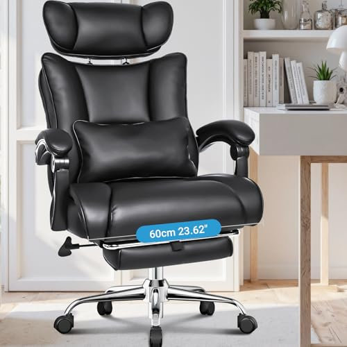 BASETBL Office Chair Heavy Duty, 440lbs 200kg Executive Chair 60cm Extra Wide Spring Cushion Adjustable Headrest Big Tall Computer Desk Chairs with Footrest for Heavy People 90° - 120° XXL PU Black