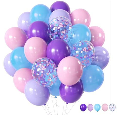ZYOOO 50 Pièces Ballons Latex 12 Pouces Violet Rose Bleu Pastel avec Confettis - Ballons de Fête pour Mariage, Anniversaire Fille, Baby Shower, Thème Sirène