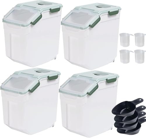 Uotyle 15Kg Flour Storage Containers, 4Pcs Airtight Rice Organizer Box with Wheels/Scoop/Measuring Cup, PP Cornflakes Dispenser Bin for Grain, Cereal, Nuts, Beans, Sugar, Pasta, Pet Food (Green, 15Kg)