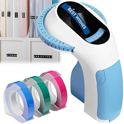 CHSG Beschriftungsgerät Prägegerät, mit 3 Rollen Prägegerät Etiketten, E975 Etikettiergerät, Handgerät Beschriftungsgerät Mit Prägung, für Zu Hause,Bastel，Küche, Persönliche Etiketten und DIY（Blau）