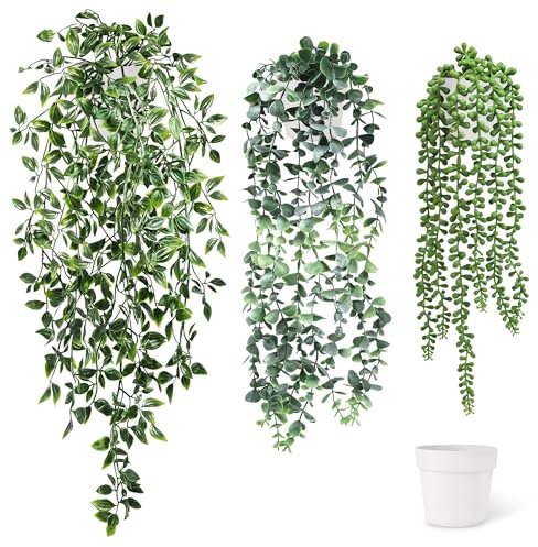 SHEPIN 3 Stück Hängepflanze Künstlich mit Topf, 47-72 cm Kunstpflanze Hängend, Künstliche Hängepflanzen wie echt Artificial Plants Plastikpflanzen Deko für Indoor Outdoor Draußen Garten Deko