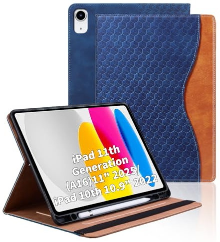 Vkooer Hülle für iPad A16 11. Generation 2025 /ipad 10. Generation 10.9 Zoll Schutzhülle mit Pencil Halter Ledertasche Cover mit Auto Schlaf/Aufwach Kartentasche Folio Case - Marineblau