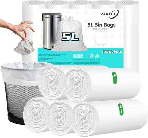 Small Bin Bags 5L Mini Pedal Bin Liners 100 Counts White Waste Garbage Bags Thicken, Leakproof, Trash Bags for Bathroom, Toilet, Bedroom, Office Fit 3-6 Liter Bins