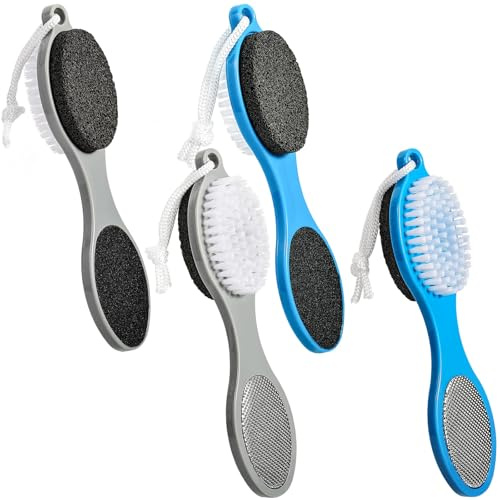 Beomeen Pumice Stone Brush for Feet 4 in 1, Foot File Callus Remover, Foot Rasp and Sand Paper Pedicure Tools with Handle, Shower Foot Scrubber, Soft Smooth Feet for Home Foot Care,4 Pack
