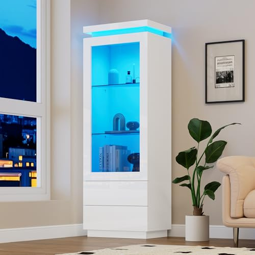 Kebnor Vitrine, Hochschrank mit 2 Schubladen, Hochglanz Hochschrank Glasvitrine mit LED,Standregal Schrank Vitrine,Wohnzimmerschrank mit Glastüren und Klapptür, Weiß 60 * 40 * 171cm