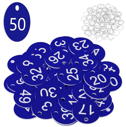 Flintronic 50 Stück Kunststoff Nummernschilder, ID-Nummernschilder aus kunststoff, Kleine Wasserdichte Zahlenmarken, ID Tags mit Loch, mit Schlüsselringe, für Garderobe Hotel(Dunkelblau, 1-50)