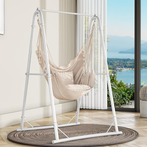YITAHOME Hängesessel mit Gestell 105x93x160 cm, Stabiles Stahlgestell, Hängemattenständer mit Hängender Schaukel, Max. Belastung 150 kg, Schaukelstuhl mit 2 Haken und 2 Rückenkissen für Garten, Weiß