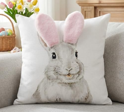 Luzzxfa Ostern Kissenbezug 50x50 cm Rosa Kaninchen Osterdeko Kissenbezüge Mit 3D-Hasenohrenverzierung Kissenhülle Sofakissen Couchkissen Weich für Sofa Schlafzimmer Wohnzimmer Outdoor Garten 1er Set