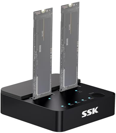 SSK NVMe Cloneur SSD SATA, duplicateur M.2 Dual Bay NVMe, boîtier NVMe 10 Gbit/s, adaptateur SSD USB 3.2 vers USB, station d'accueil M.2 pour clé M PCIE NVMe et lecteur SSD SATA, prend en charge le