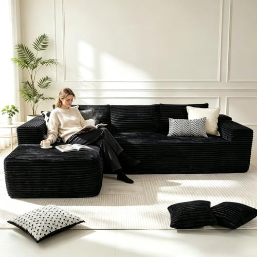 Garvee Ecksofa L-Form mit Récamiere 268cm, Cord Couch Schwarz, Vakuum Komprimiertes Schaumstoff Sofa, Breitripp Cordsofa Modulsofa Ohne Montage, Wolkensofa