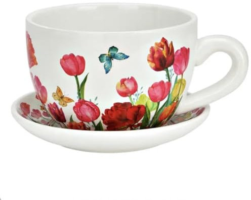 Seyila Home Pflanztasse aus Keramik mit Unterteller, Blumentopf in Tassenform, Deko-Pflanzgefäß,Pflanzkübel, Blumentopf in versch. Größen und Designs (Tulpe, 25 cm)