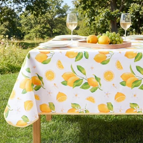 FIBORIA große Wachstuchtischdecke 240x140 cm rechteckig Outdoor Tischdecke Wetterfest mit Saum PVC Zitronen Mediterraner Stil abwischbar,wasserdicht für Garten,Balkon,Grill Party,Picnickmatte,Kinder