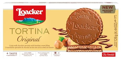 Loacker Tortina Wafers, Original Chocolate Hazelnut Flavour, Box of Chocolate Biscuits, Classic Italian Cookie, All Natural Ingredients, Single Pack 126g - 6 individually wrapped