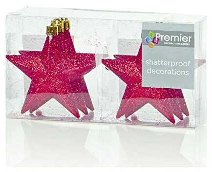 Set of Six Glitter Christmas Tree Stars - Red (10cm)
