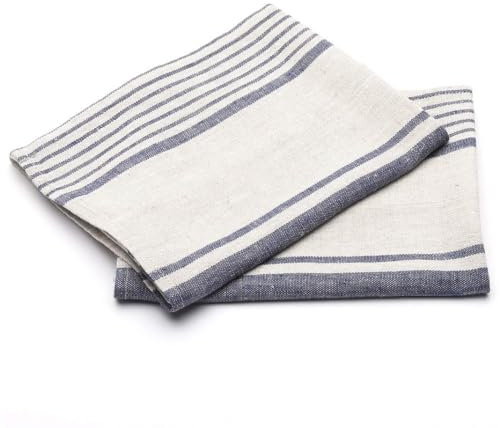 LinenMe Set mit 2 Geschirrtuch Leinen 100%, 45x66 cm Provence - Leinentuch mit Aufhänger - Geschirrtücher & Küchentücher in Natur/Indigo gestreift, Hergestellt in Litauen