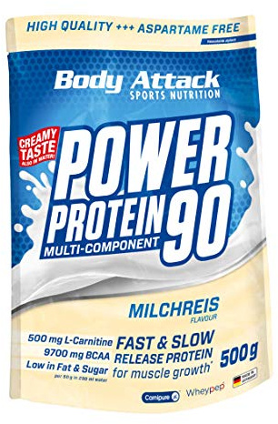 Body Attack POWER PROTEIN 90 - Milchreis - 500g Beutel - Mehrkomponenten Protein Pulver, Made in Germany - Mit BCAA, Vitaminen & L-Carnitin - Protein Shake extra cremiger Geschmack, gute Löslichkeit