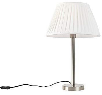 Qazqa - Klassisch I Antik Klassische Tischlampe Stahl I Silber I nickel matt mit plissiertem Schirm weiß 35 cm - Simplo I Wohnzimmer I Schlafzimmer - Textil Rund - LED geeignet E27