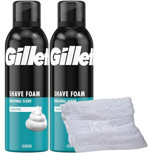 2 x 200ml Men Shaving Foam Mousse Sensitive Skin Face Body Soft Clean With Soft Aftershave KRISP Towel