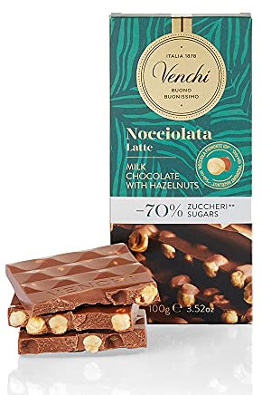 Venchi - Tablette Noisette Lait NO Added Sugar, 100 g - Sans Édulcorants Artificiels - Avec Noisettes Entières du Piémont - Sans Gluten