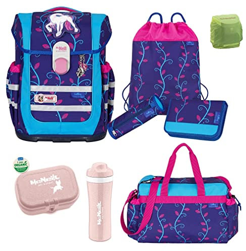 McNeill Schulranzen Mädchen 1. Klasse 9-tlg. Set Ergo Complete LILLY Unicorn Einhorn mit Sporttasche und Regenschutz