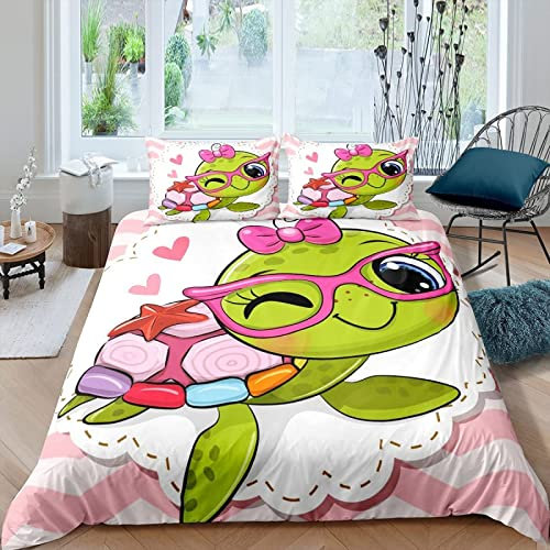 zhwe Bettwäsche 135x200 Cartoon-Schildkröte-Kind, Weiche GebüRstet Mikrofaser Bettzeug Set, Bettbezug und 2 Kissenbezug 80x80 cm mit ReißVerschluss