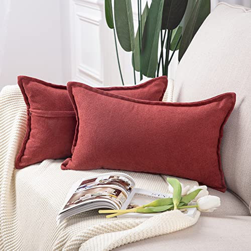 Madizz 2er Set kurzen Chenille Zierkissenbezüge weicher dekorativer Kissenbezug für Sofa, Schlafzimmer Kissenhülle Burgund 30x50 cm Rechteckig