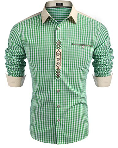 COOFANDY Trachtenhemd Herren Oktoberfest Herren Outfit Kariertes Hemd Oktoberfest Hemd Langarm Trachten Hemden Freizeithemden Karohemden mit Baumwolle Grün L
