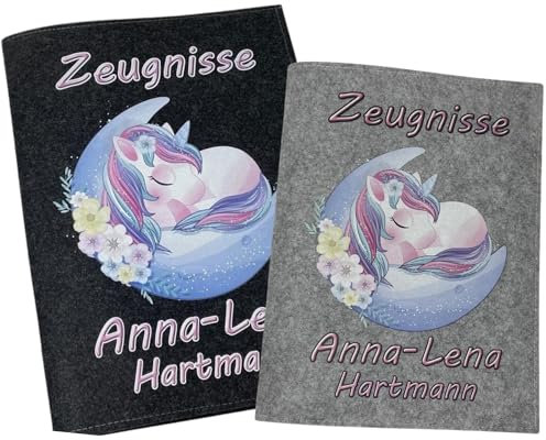 Zeugnismappe mit Namen - Mädchen und Jungen - Personalisiert Filz A4 Einhorn Mond - Dokumenten Urkunden Mappe Kinder - Hefter Zeugnisse - Sichtbuch Grundschule