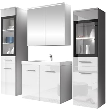 Mirjan24 Badmöbel Set Madrit II mit Waschbecken und Siphon, Komplettprogramme für Spiegelschrank, Waschtisch, Hochschrank (Weiß/Weiß Hochglanz, mit weißer LED Beleuchtung)