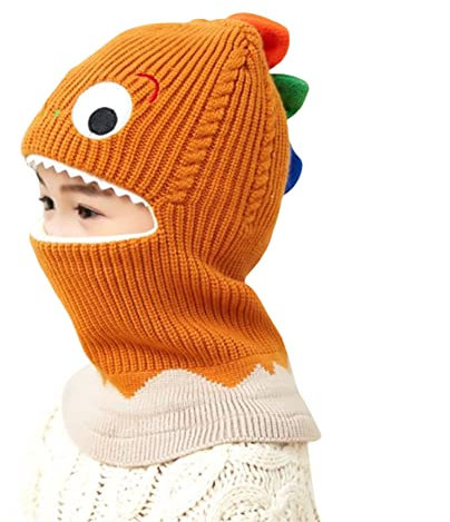 Kapuzenschal Kinder Schalmütze, Baby Jungen Mädchen Mütze Schal Set Winter Niedlich Dinosaurier Beanie Strickmütze Kleinkind Schlupfmütze Gesichtswärmer für Fahrrad Skilaufen für Baby 1-5 Jahre,Gelb