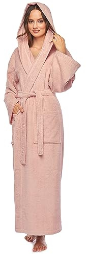 Arus Accappatoio da donna con cappuccio, llunghezza alla caviglia, 100% cotone spugna, Rosa antico, XL-XXL lunghe