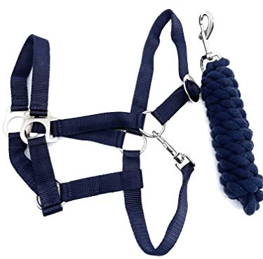 ARBO-INOX Halfter-Set Basic Halfter stufenlos verstellbar mit Führstrick (Full Warmblut, Navy)