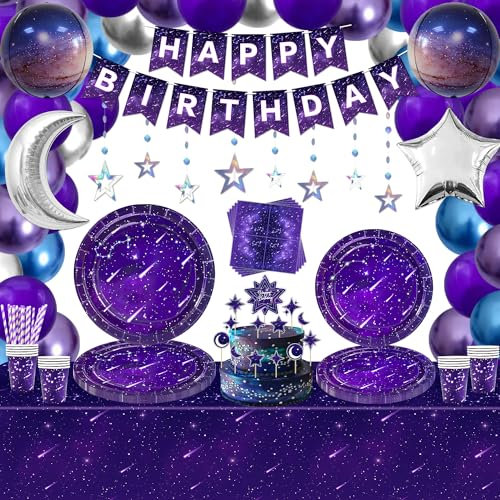 173 pièces de l'espace Galaxie Party Décoration Star Party Accessoires Lila Outer Space Theme Party Supplies Galaxie Party Vaisselle Set Assiettes en carton Serviettes Banner Cadeaux pour 20 invités
