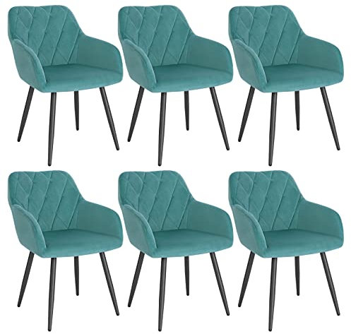 WOLTU 6er Set Esszimmerstühle mit Armlehne Rückenlehne, für Esszimmer Wohnzimmer Küche, Bequeme Küchenstühle gepolstert mit Samtbezug, Metallbeinen, Türkis
