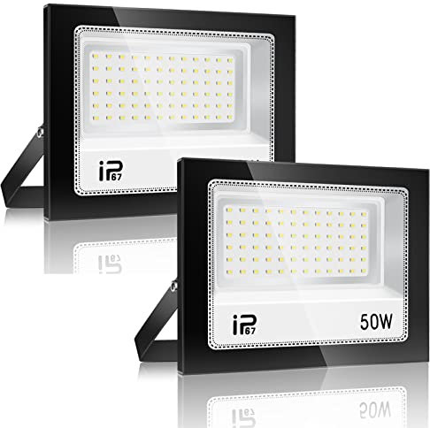 Foco Led Exterior 50W 2Pcs, Iluminación de Exterior Seguridad,7000K Blanco Frío, Proyector LED Exterior,IP67 Impermeable 5000LM, Superbrillante Foco LED,para Patio, Garaje, Entrada, Fábrica,Campo