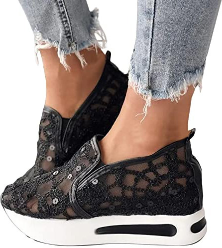 KBOPLEMQ Sneaker Damen Pailletten Keilabsatz Schuhe Atmungsaktive Ausgeschnittene Spitze Stoffschuhe Frauen Laufschuhe Sommer Outdoor Slip On Walkingschuhe Glitzer Loafers