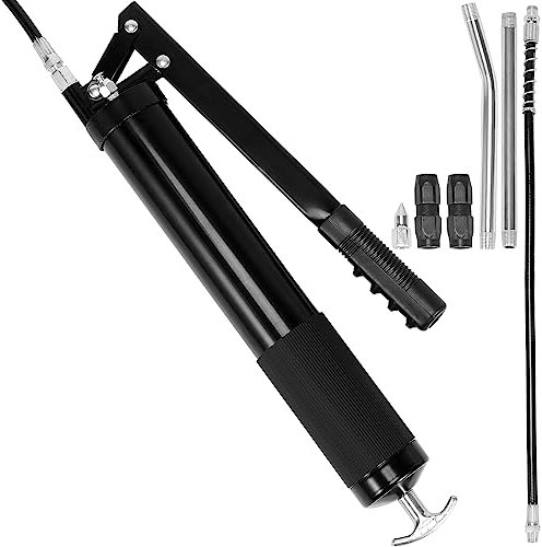 VEVOR Pistolet à Graisse Manuel, 10000 PSI Pistolet Graisseur Professionnel à Une Main à Levier, Capacité 20,29 Oz 600 CC avec Tuyau Flexible 470 mm, 2 Coupleurs Plats Noirs, Tube Métallique Droit