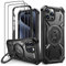 Lanhiem für iPhone 15 Pro Hülle mit 2 Stück Schutzfolie, 360° Ring Ständer Schutzhülle, Militärischer Stoßfest Handyhülle für iPhone 15 Pro Case, Schwarz