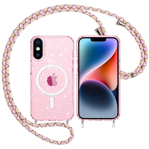 Yoedge Coque Magnétique à Paillettes avec Cordon pour Apple iPhone X/XS 5,8”-Compatible avec MagSafe Étui Colliers Housse Glitter Souple TPU Transparente Brillant Cover pour iPhone X/XS Case, Rose
