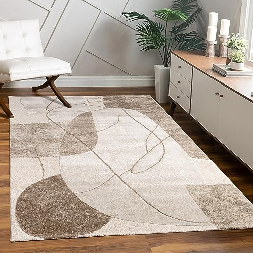 Paco Home Teppich Wohnzimmer Schlafzimmer Moderner Kurzflor glänzendes Palmen-Muster Florales Design Geometrisch Hoch-Tief-Effekt 3D, Grösse:120x160 cm, Farbe:Beige