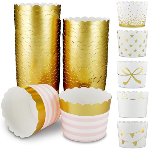 Frau WunderVoll® 25 Muffin Backformen rosa Gold (metallic) Streifen Durchmesser 6,1 cm/goldene Muffins Muffinbackform Muffinform Form Backförmchen Cupcake Formen Förmchen Papier Cupcakeformen