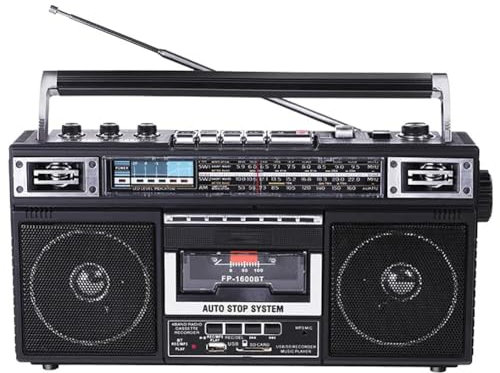 Lecteur de Cassettes CD rétro Boombox, Conversion MP3 de Radio en Cassette avec Radio 4 Bandes (AM, FM, SW1, SW2) avec Bluetooth, Deux Haut-parleurs 3, Microphone intégré (Color : Black)
