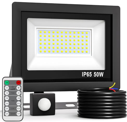 Realky 50W Projecteur LED Télécommandé Avec Détecteur de Mouvement, Luminosité du Projecteur Extérieur 5000LM Réglable & Fonction de Synchronisation Extérieur LED Lamp 6500K pour Jardin, Garage, Patio