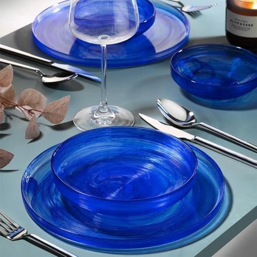 Vajilla de Vidrio Azul de 18 Piezas – Vajilla Fecra Loya para 6 Personas – Vajilla Completa y Elegante de Vidrio