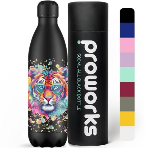 Proworks Performance Stainless Steel Sports Water Bottle | Double Insulated Vacuum Flask | 12 Hours Hot & 24 Hours Cold Drinks - Great for Home Work Gym & Travel - 1L Tiger Paint Splatter - Black