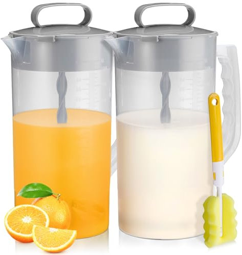 WLKSTS Mixing Pitcher for Drinks, 2 Quart/ 64oz Plastic Water Pitcher with Lid, Angled Plastic Blades and Adjustable Mixer Plunger for Juice, Powdered Milk, Beverage Container (Two)