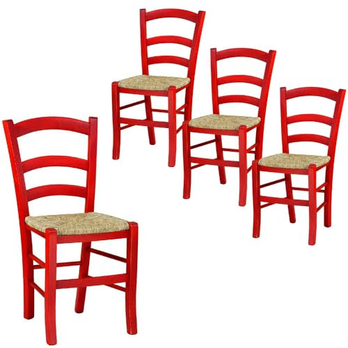 VIRSUS Set 4 Sedie Paesana in Legno con Seduta in Paglia, Misura 43x42x86 cm, Sedia Tradizionale Robusta, per Casa, Cucina, Agriturismo, Ristorante, Made in Italy (Rosso)
