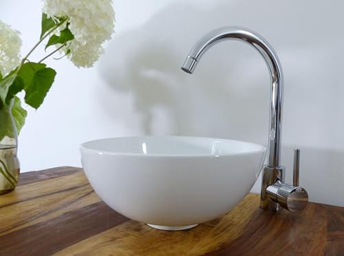 Nero Waschtisch Set Komplettset Keramik Aufsatz Waschbecken rund 28cm +Ablaufgarnitur +Armatur Messing Chrom