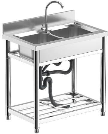 Fregadero de 2 Senos, Pila de Lavar, Mesa de Acero Inoxidable con Fregadero, Fregadero de Una Sola Pieza, for Restaurantes, Cafeterías y Hoteles