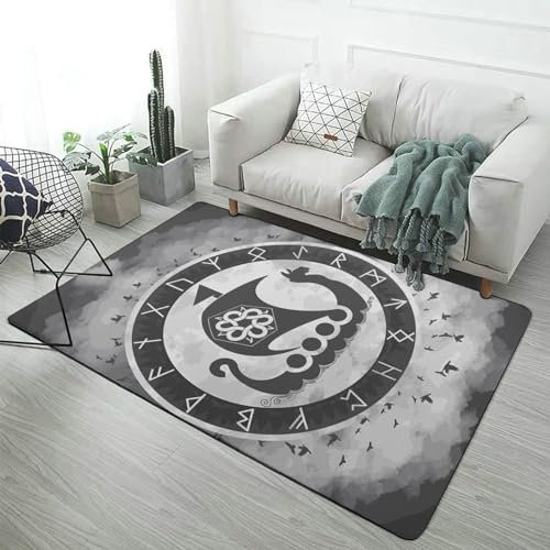LDZDGD Großer Wikinger-Teppich, Nordischer Mythologie-Druck, 1,3 cm Dick, Bodenüberwurf, Weich, Gemütlich für Schlafzimmer und Wohnzimmer, rutschfest, Waschbar(Color:Viking Symbol,Size:160 x 200CM)